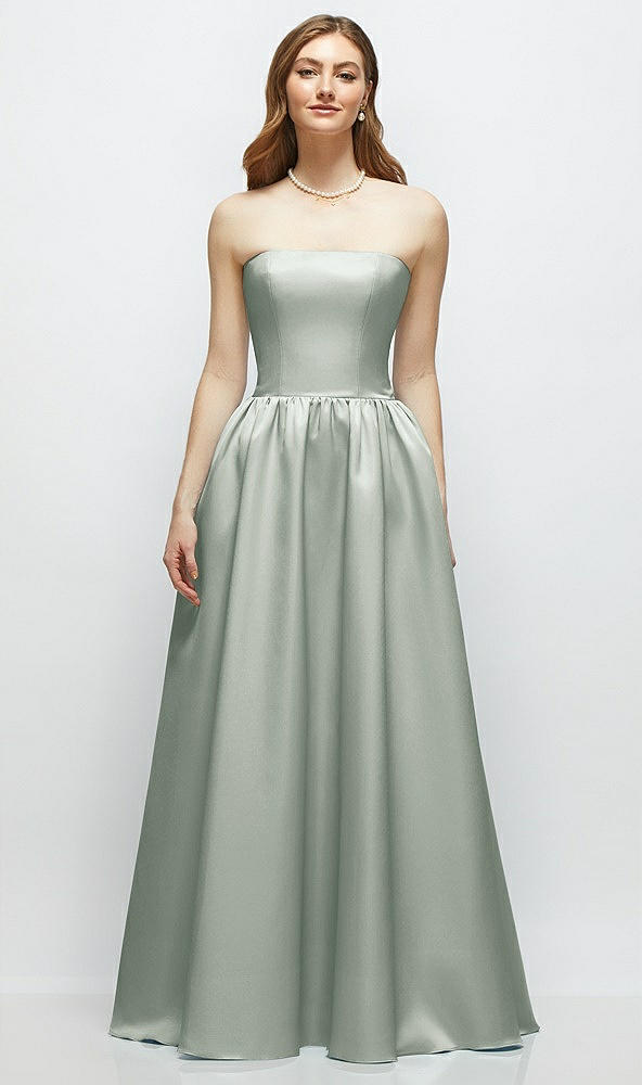 Front View - Willow Green Strapless Satin Drop Waist Gown with Full Skirt