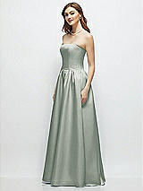 Side View Thumbnail - Willow Green Strapless Satin Drop Waist Gown with Full Skirt