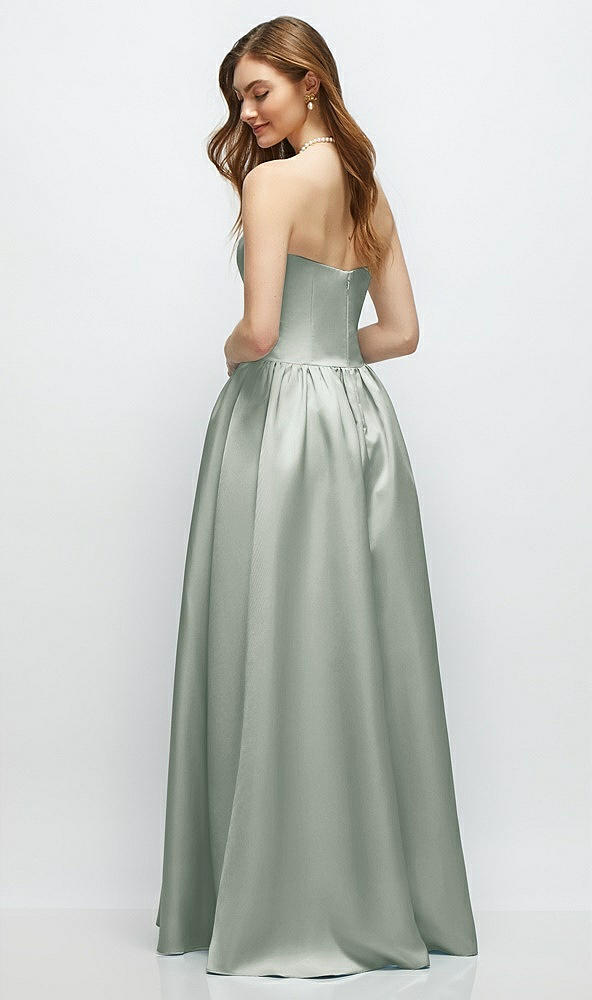 Back View - Willow Green Strapless Satin Drop Waist Gown with Full Skirt