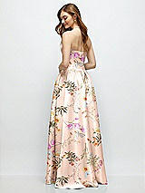 Rear View Thumbnail - Butterfly Botanica Pink Sand Floral Strapless Satin Drop Waist Gown with Full Skirt