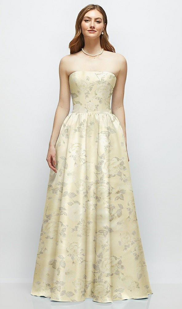 Front View - Butter Yellow Floral Floral Strapless Satin Drop Waist Gown with Full Skirt