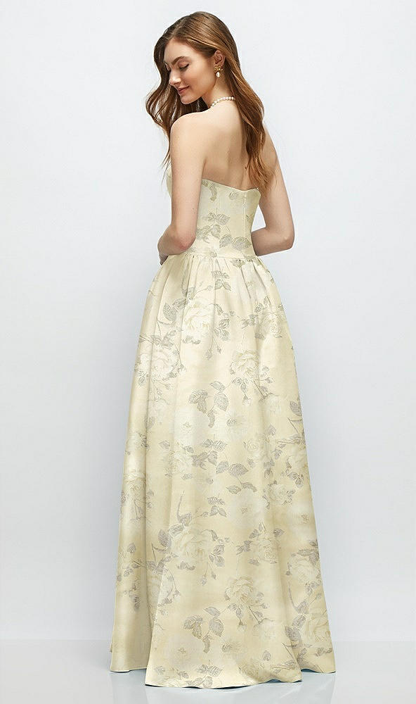 Back View - Butter Yellow Floral Floral Strapless Satin Drop Waist Gown with Full Skirt