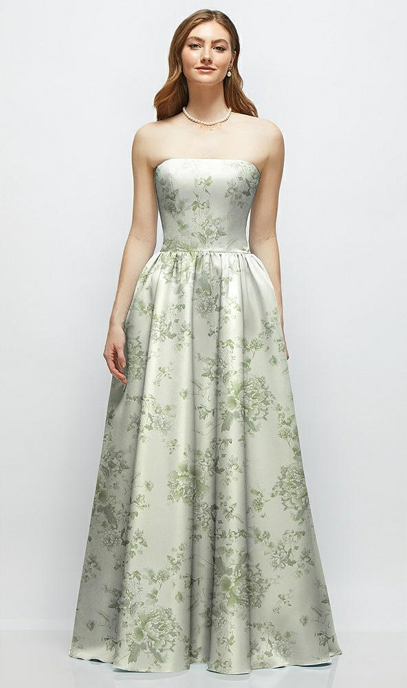 Front View - Sage Cottage Rose Floral Strapless Satin Drop Waist Gown with Full Skirt