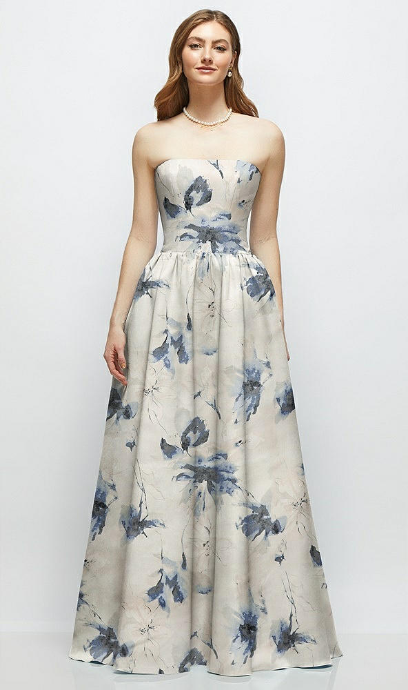 Front View - Inkwash Blue Floral Floral Strapless Satin Drop Waist Gown with Full Skirt