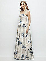 Side View Thumbnail - Inkwash Blue Floral Floral Strapless Satin Drop Waist Gown with Full Skirt