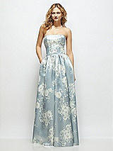 Front View Thumbnail - Porcelain Blue Seraphina Floral Floral Strapless Satin Drop Waist Gown with Full Skirt