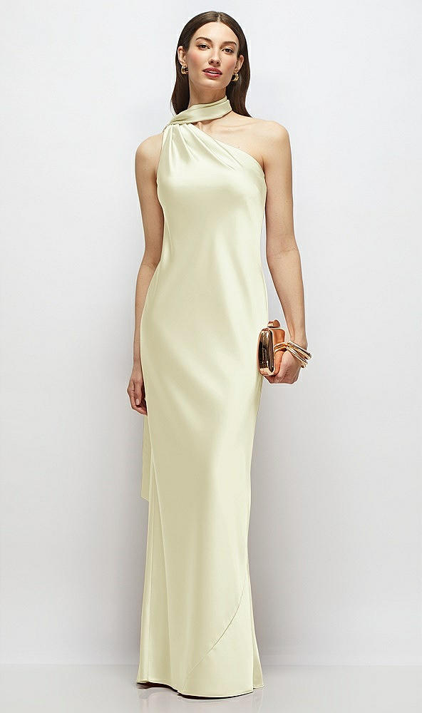 Front View - Butter Yellow Draped Scarf One-Shoulder Bias Stretch Satin Maxi Dress