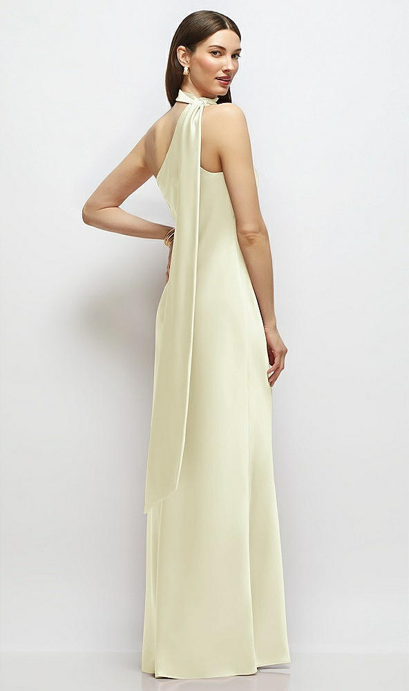 Back View - Butter Yellow Draped Scarf One-Shoulder Bias Stretch Satin Maxi Dress