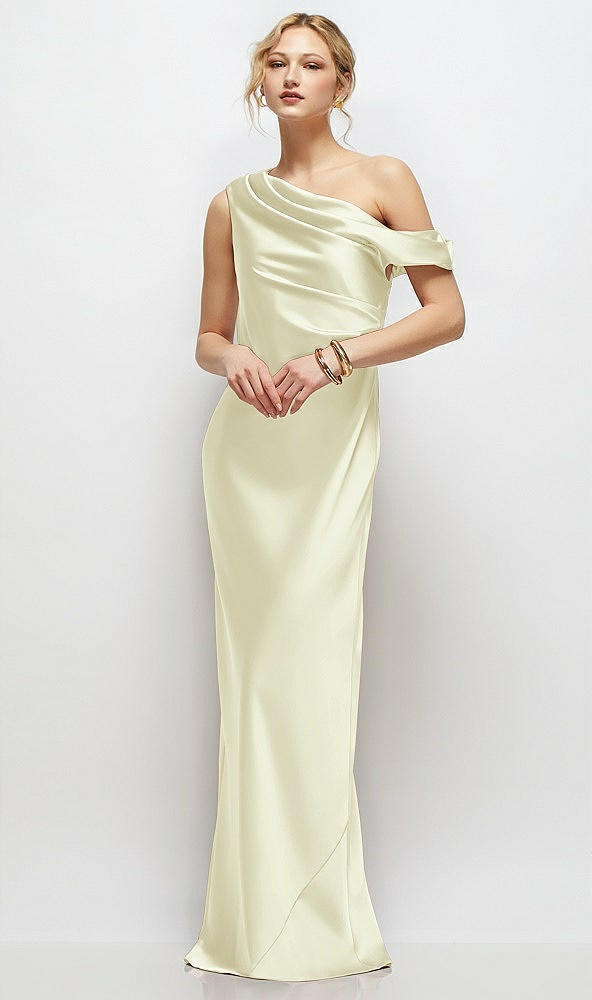 Front View - Butter Yellow Draped One-Shoulder Bias Stretch Satin Maxi Dress