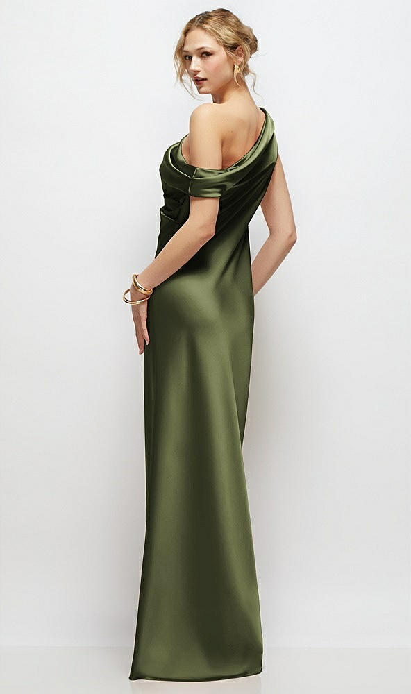 Back View - Olive Green Draped One-Shoulder Bias Stretch Satin Maxi Dress