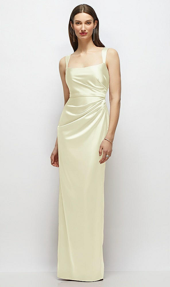 Front View - Butter Yellow Scoop Neck Draped Column Stretch Satin Maxi Dress
