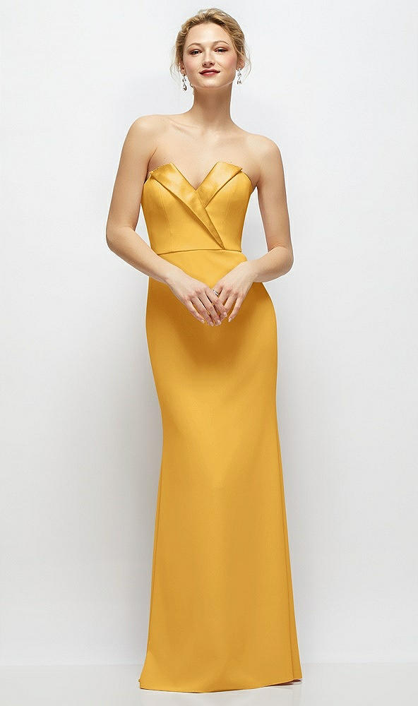 Front View - NYC Yellow Strapless Crepe Tuxedo Gown with Satin Lapels and Buttons
