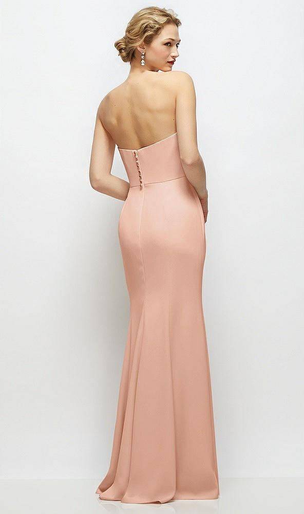 Back View - Pale Peach Strapless Crepe Tuxedo Gown with Satin Lapels and Buttons
