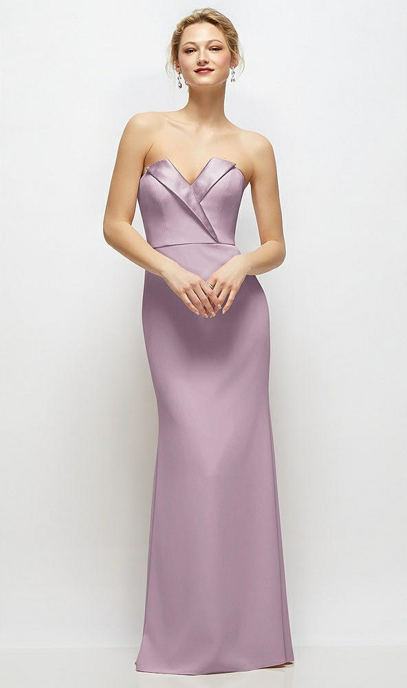Front View - Suede Rose Strapless Crepe Tuxedo Gown with Satin Lapels and Buttons