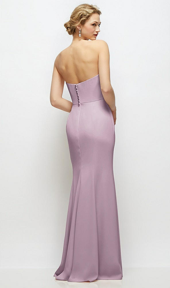 Back View - Suede Rose Strapless Crepe Tuxedo Gown with Satin Lapels and Buttons