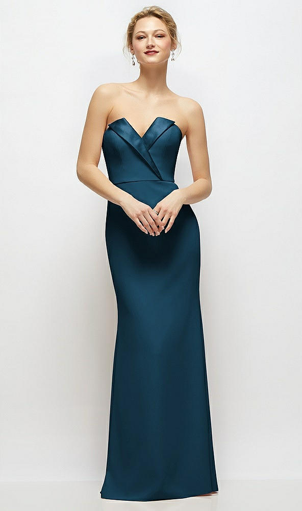 Front View - Atlantic Blue Strapless Crepe Tuxedo Gown with Satin Lapels and Buttons