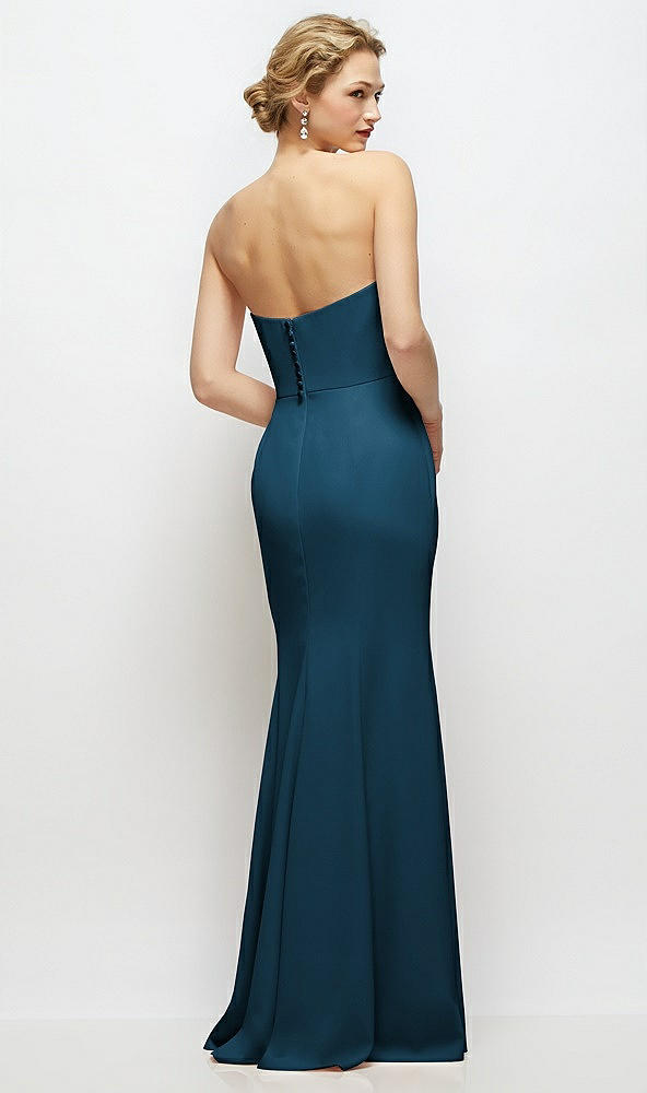 Back View - Atlantic Blue Strapless Crepe Tuxedo Gown with Satin Lapels and Buttons