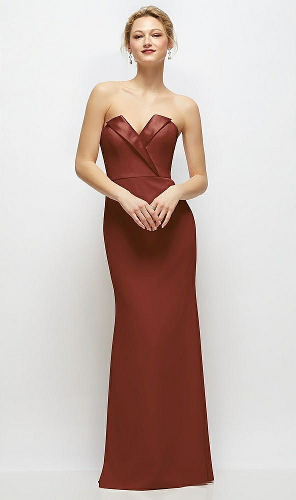Front View - Auburn Moon Strapless Crepe Tuxedo Gown with Satin Lapels and Buttons