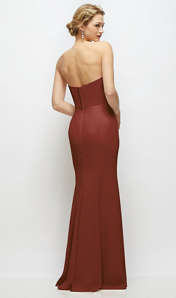 Back View - Auburn Moon Strapless Crepe Tuxedo Gown with Satin Lapels and Buttons