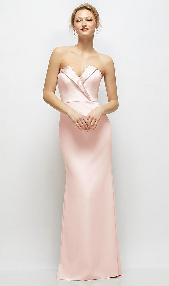 Front View - Blush Strapless Crepe Tuxedo Gown with Satin Lapels and Buttons