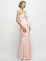 Side View Thumbnail - Blush Strapless Crepe Tuxedo Gown with Satin Lapels and Buttons