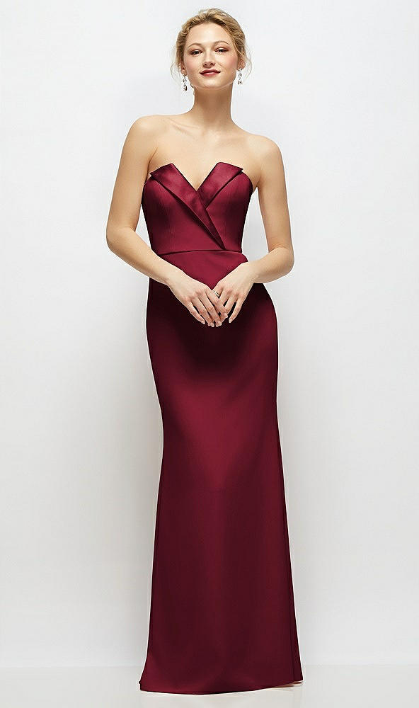 Front View - Burgundy Strapless Crepe Tuxedo Gown with Satin Lapels and Buttons