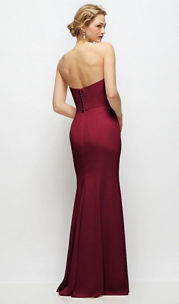 Back View - Burgundy Strapless Crepe Tuxedo Gown with Satin Lapels and Buttons