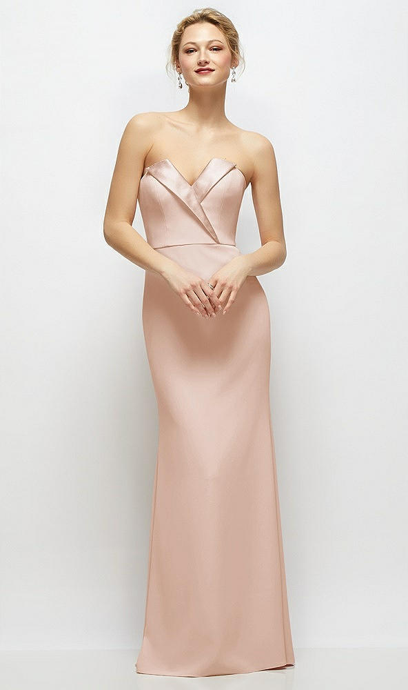 Front View - Cameo Strapless Crepe Tuxedo Gown with Satin Lapels and Buttons