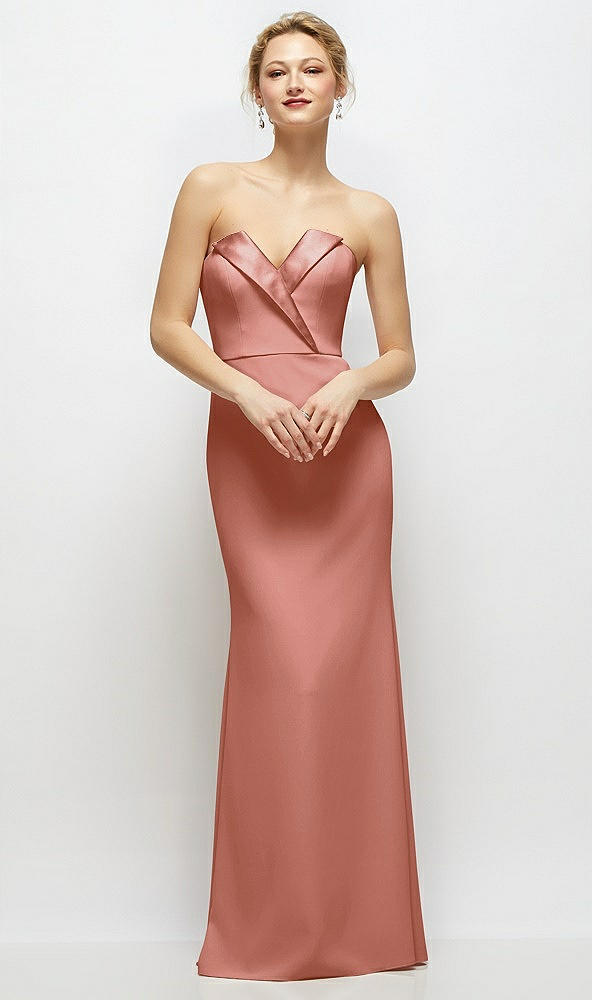 Front View - Desert Rose Strapless Crepe Tuxedo Gown with Satin Lapels and Buttons