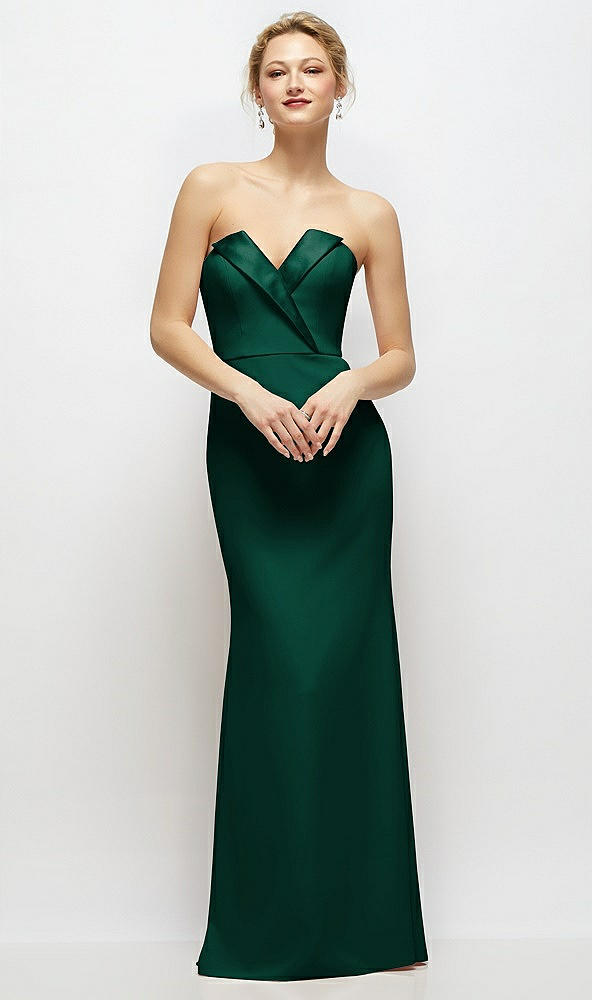 Front View - Hunter Green Strapless Crepe Tuxedo Gown with Satin Lapels and Buttons