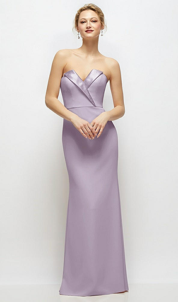 Front View - Lilac Haze Strapless Crepe Tuxedo Gown with Satin Lapels and Buttons