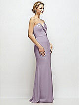 Side View Thumbnail - Lilac Haze Strapless Crepe Tuxedo Gown with Satin Lapels and Buttons