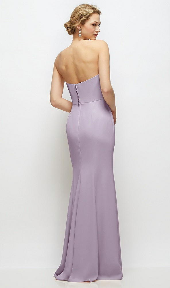 Back View - Lilac Haze Strapless Crepe Tuxedo Gown with Satin Lapels and Buttons