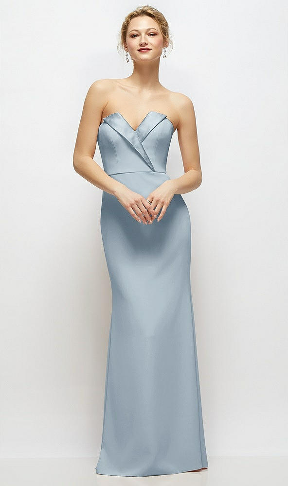Front View - Mist Strapless Crepe Tuxedo Gown with Satin Lapels and Buttons