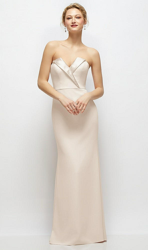 Front View - Oat Strapless Crepe Tuxedo Gown with Satin Lapels and Buttons