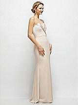 Side View Thumbnail - Oat Strapless Crepe Tuxedo Gown with Satin Lapels and Buttons