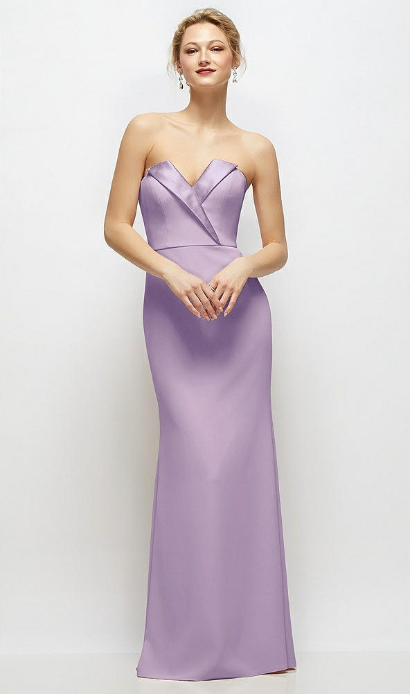 Front View - Pale Purple Strapless Crepe Tuxedo Gown with Satin Lapels and Buttons