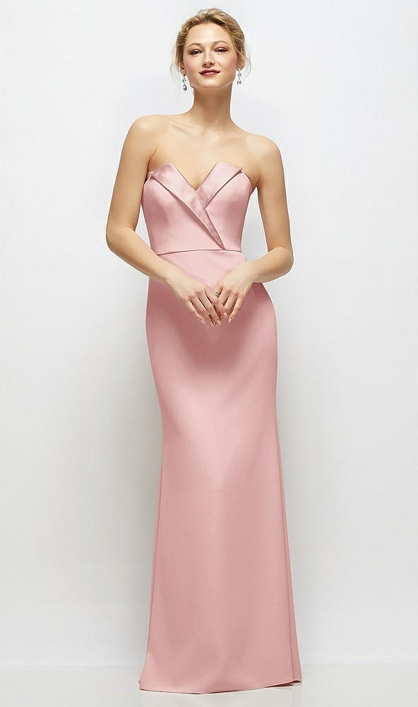 Front View - Rose Strapless Crepe Tuxedo Gown with Satin Lapels and Buttons