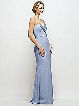 Side View Thumbnail - Sky Blue Strapless Crepe Tuxedo Gown with Satin Lapels and Buttons