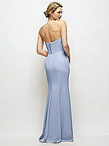 Rear View Thumbnail - Sky Blue Strapless Crepe Tuxedo Gown with Satin Lapels and Buttons