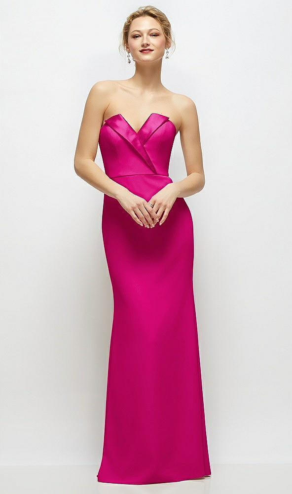 Front View - Think Pink Strapless Crepe Tuxedo Gown with Satin Lapels and Buttons