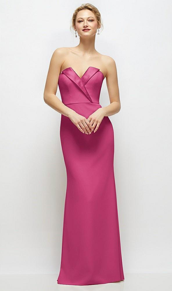 Front View - Tea Rose Strapless Crepe Tuxedo Gown with Satin Lapels and Buttons