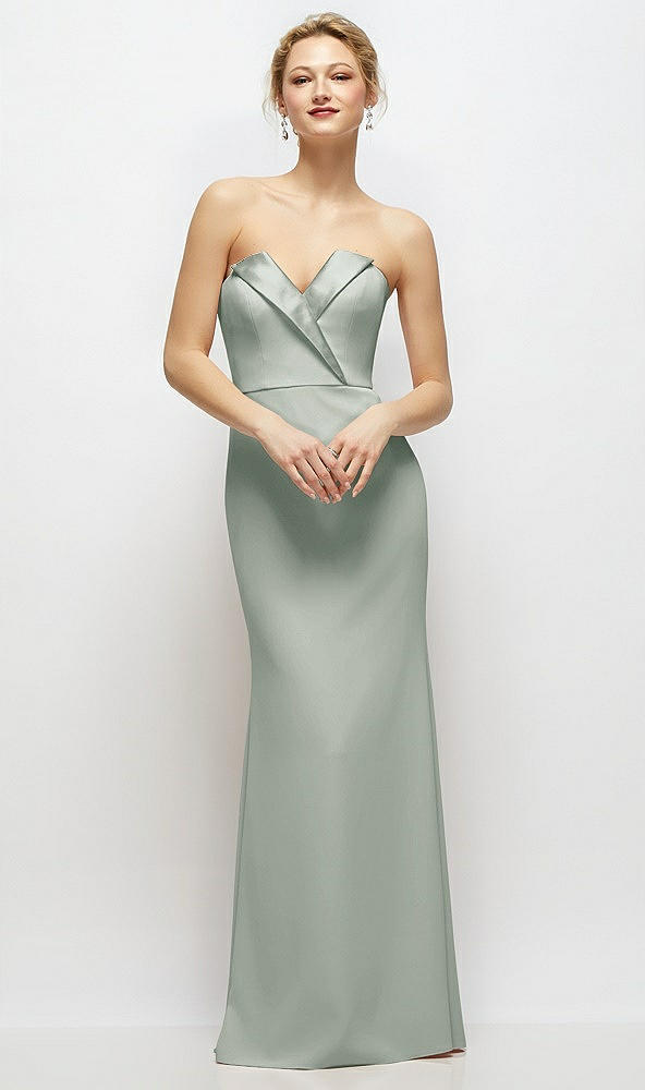 Front View - Willow Green Strapless Crepe Tuxedo Gown with Satin Lapels and Buttons
