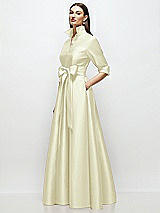Side View Thumbnail - Butter Yellow 3/4 Sleeve Satin Shirt Dress Gown with Sash and Jeweled Buttons