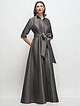 Front View Thumbnail - Caviar Gray 3/4 Sleeve Satin Shirt Dress Gown with Sash and Jeweled Buttons