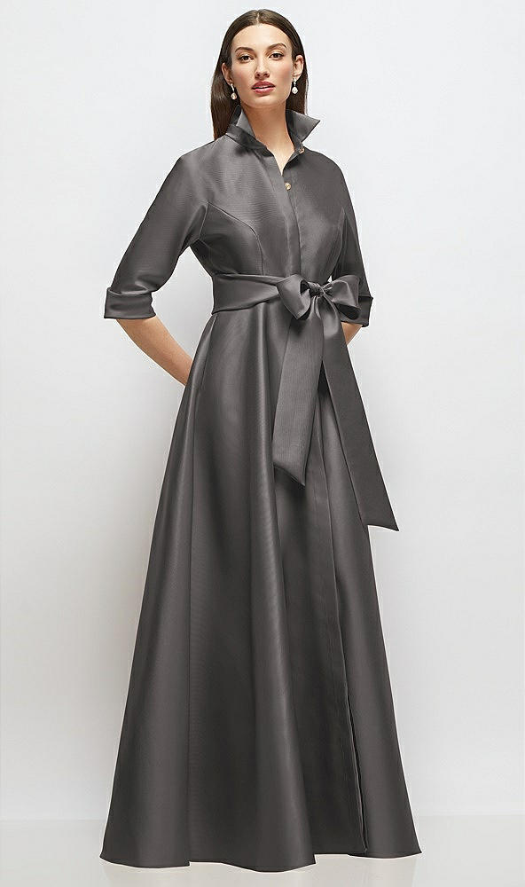 Front View - Caviar Gray 3/4 Sleeve Satin Shirt Dress Gown with Sash and Jeweled Buttons