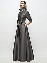 Side View Thumbnail - Caviar Gray 3/4 Sleeve Satin Shirt Dress Gown with Sash and Jeweled Buttons