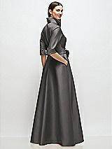 Rear View Thumbnail - Caviar Gray 3/4 Sleeve Satin Shirt Dress Gown with Sash and Jeweled Buttons