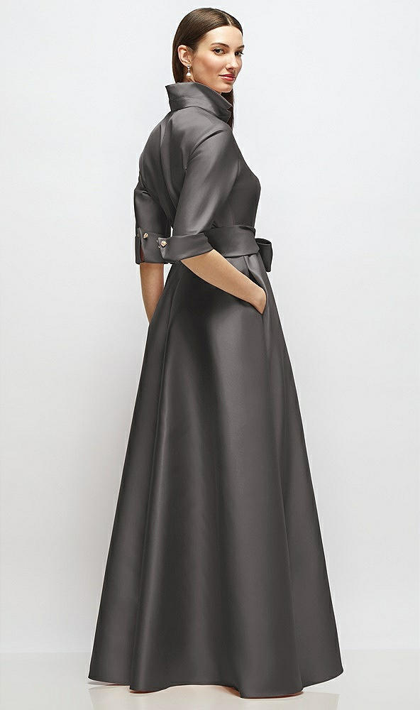 Back View - Caviar Gray 3/4 Sleeve Satin Shirt Dress Gown with Sash and Jeweled Buttons
