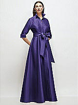 Front View Thumbnail - Grape 3/4 Sleeve Satin Shirt Dress Gown with Sash and Jeweled Buttons